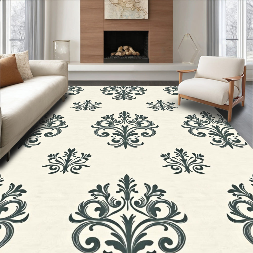 Dark Teal Damask Floral Ornament Rug