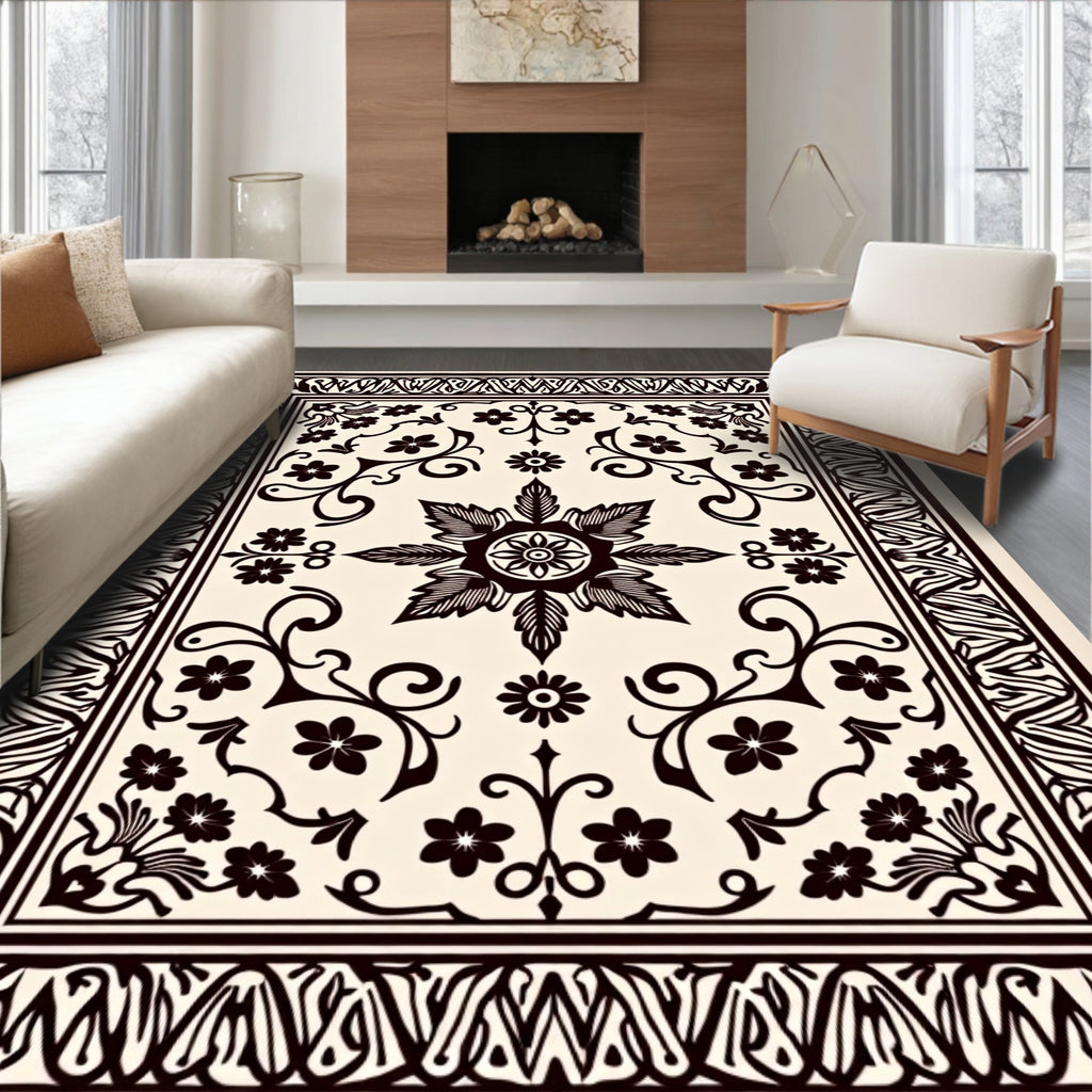 Cream Black Floral Botanical Garden Rug