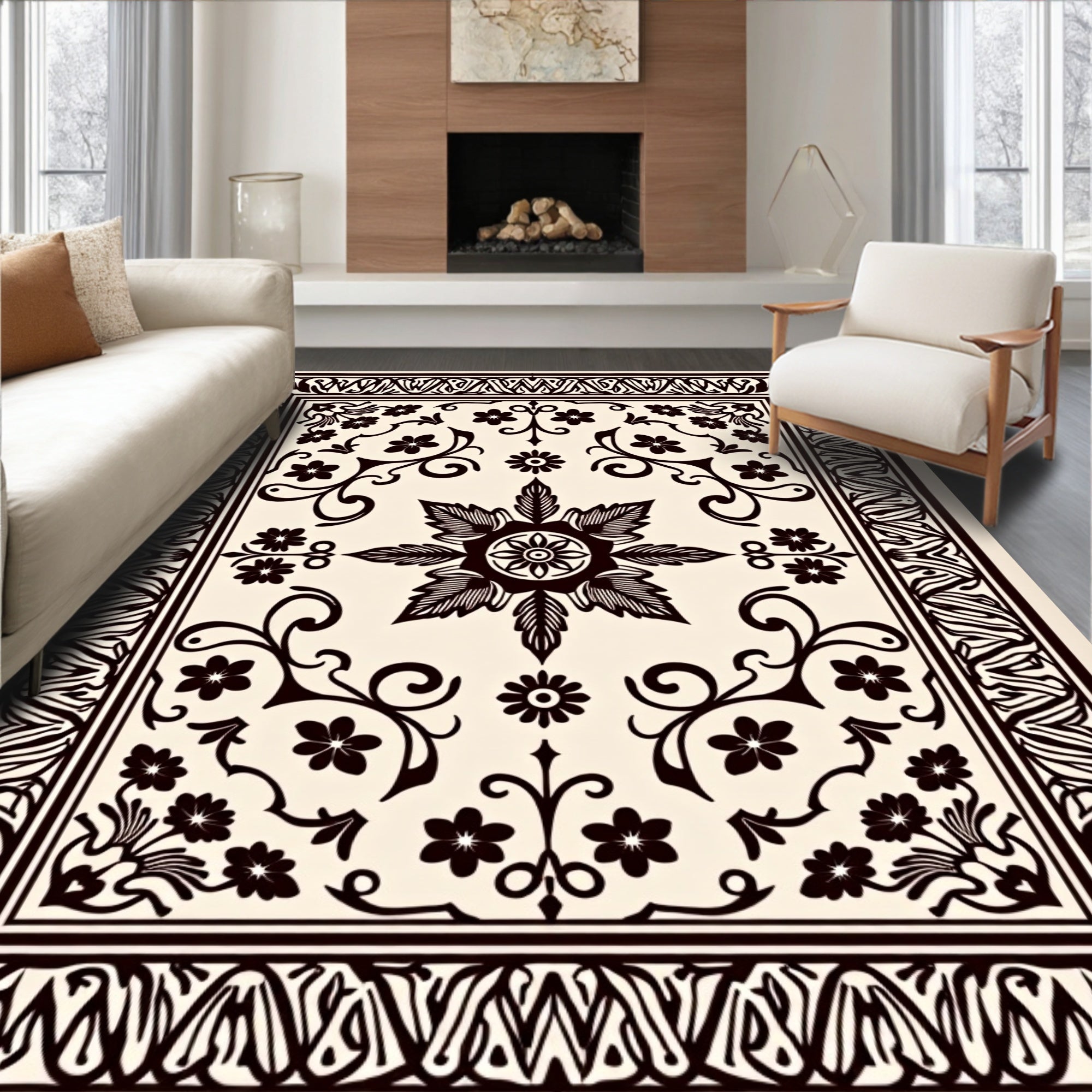 Cream Black Floral Botanical Garden Rug