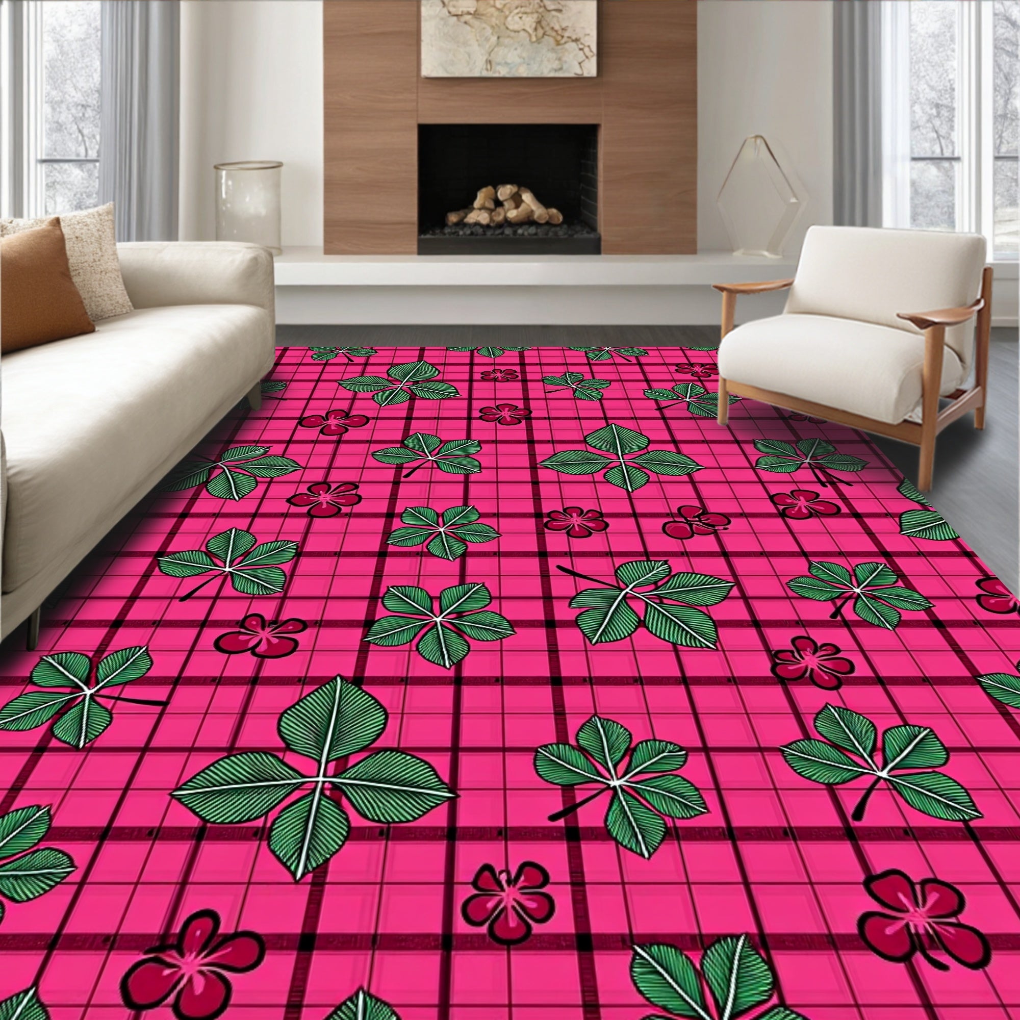 Pink Plaid Green Leaf Floral Rug