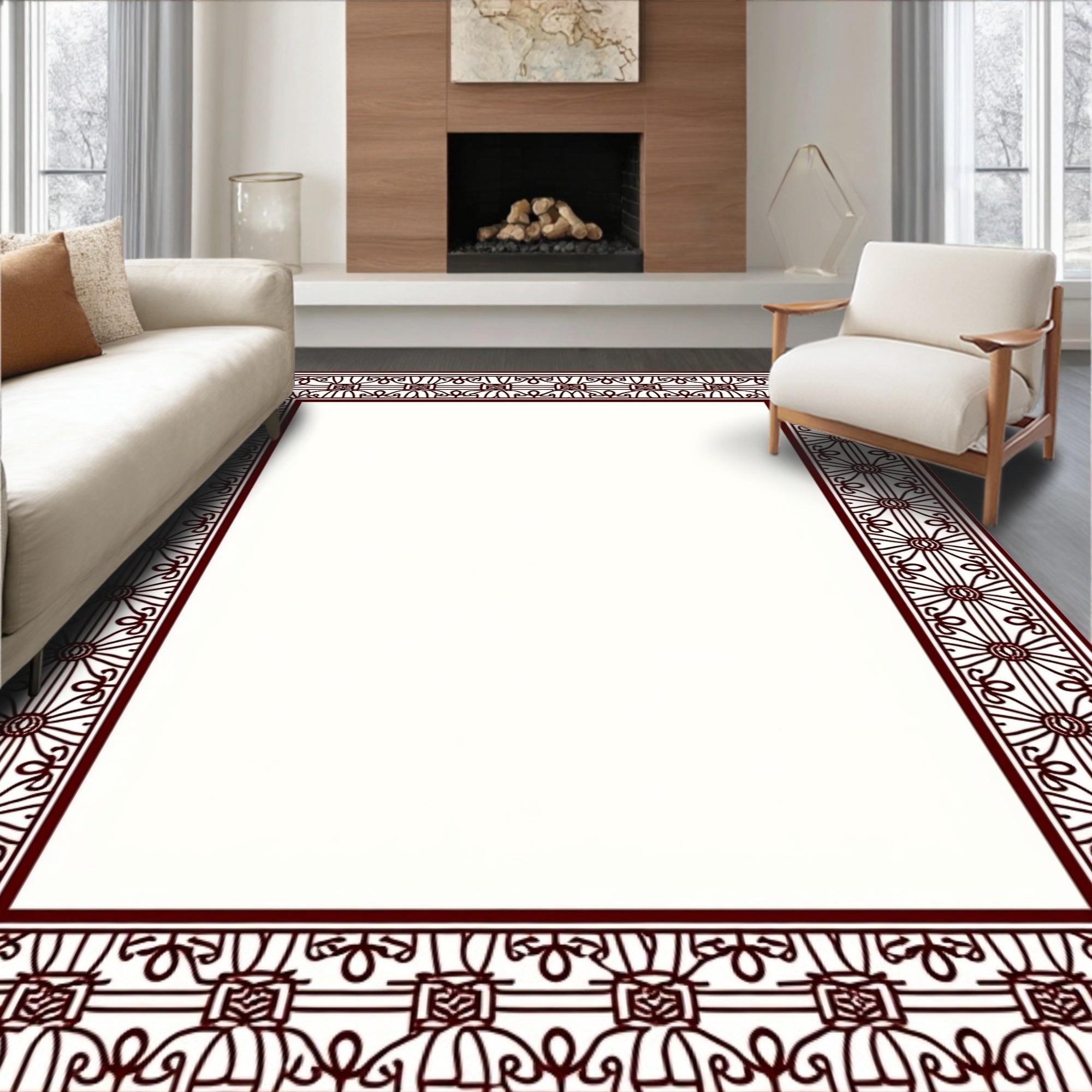 Maroon Geometric Fan Medallion Border Rug