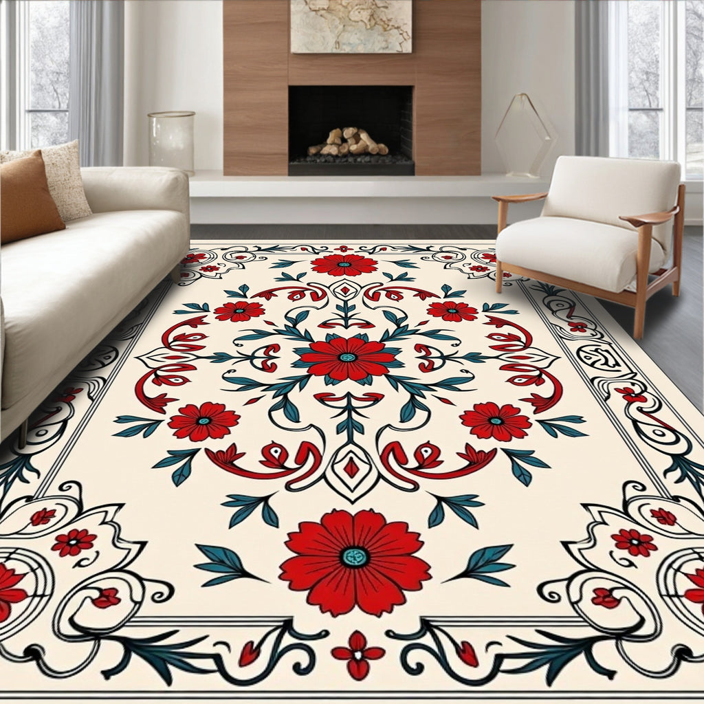 Crimson Red Floral Garden Medallion Rug