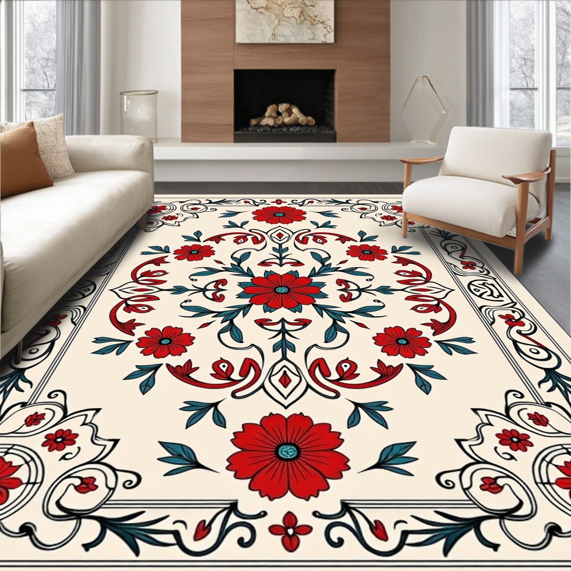 Crimson Red Floral Garden Medallion Rug
