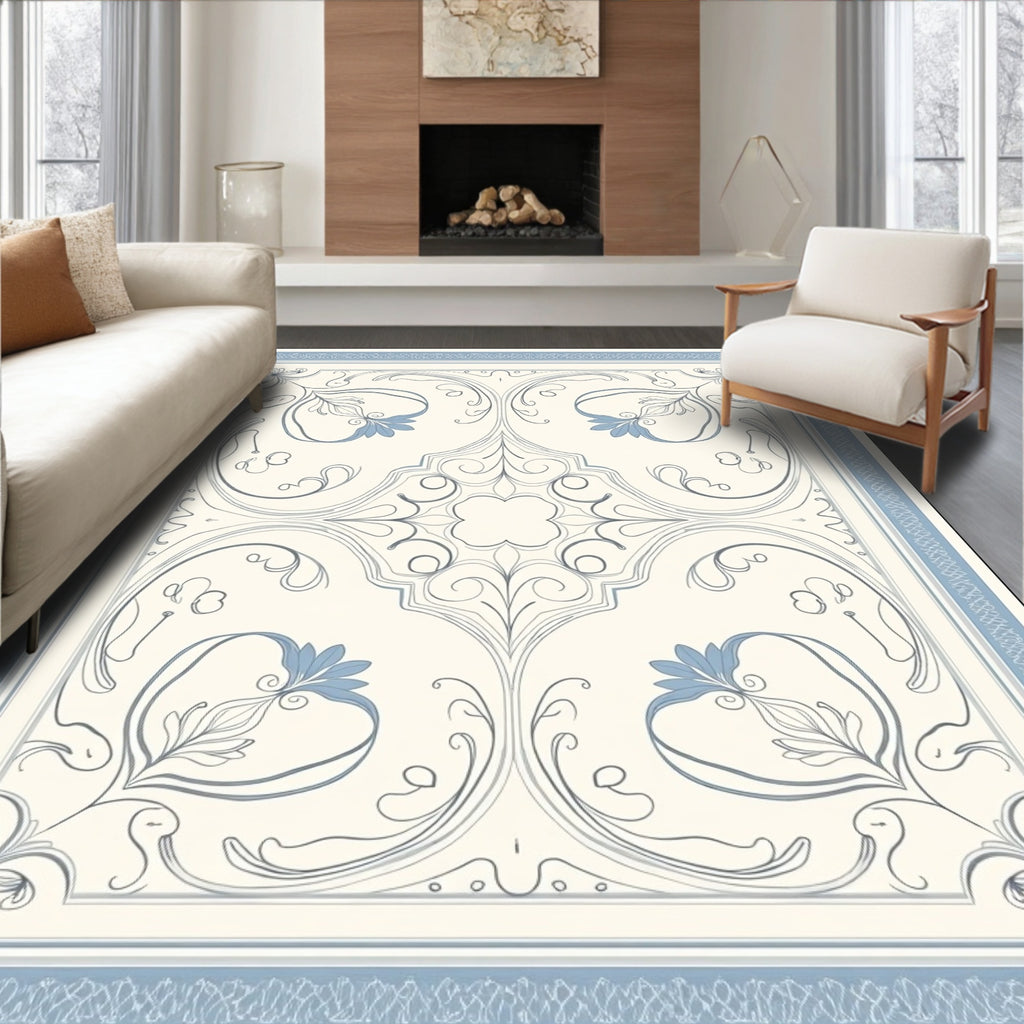 Soft Blue Floral Scroll Medallion Rug
