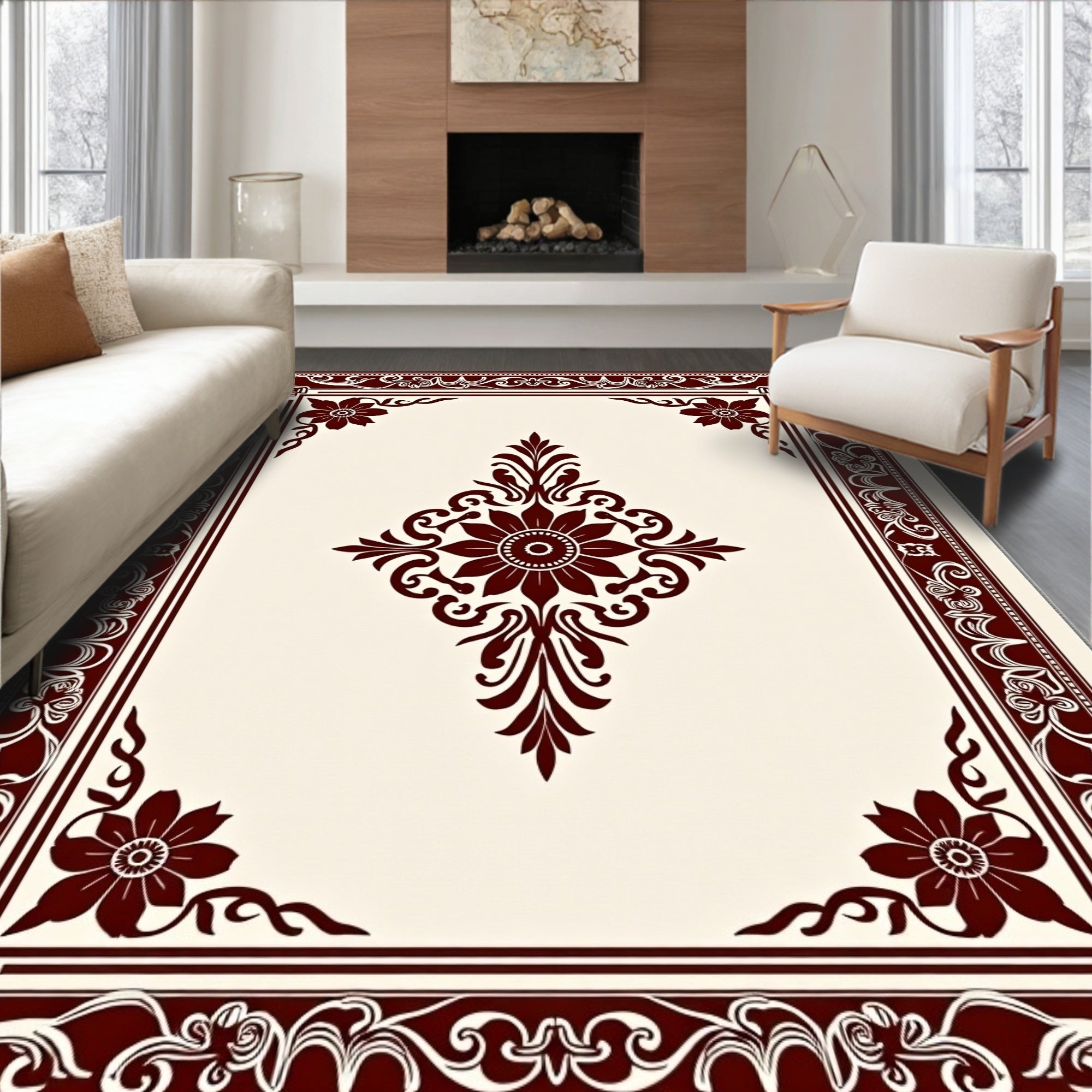 Ornate Burgundy Floral Medallion Rug