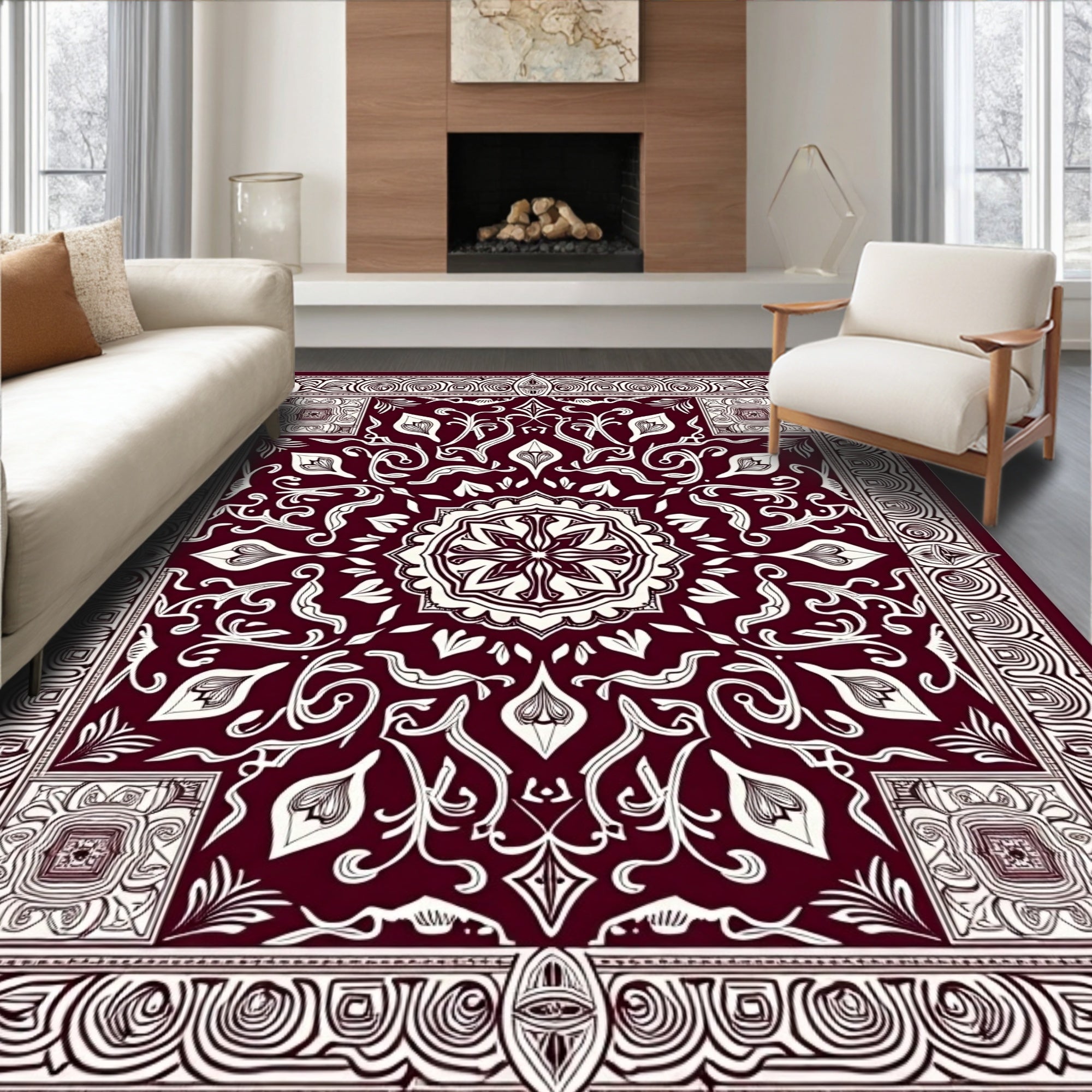 Deep Red and Cream Floral Medallion Rug