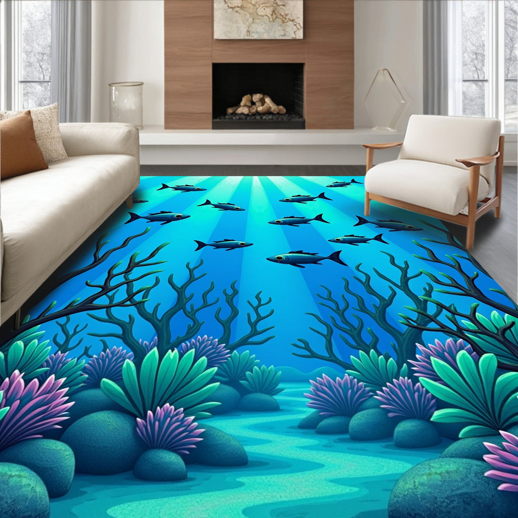 Deep Blue Schooling Fish Underwater Scene Rug