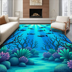 Deep Blue Schooling Fish Underwater Scene Rug