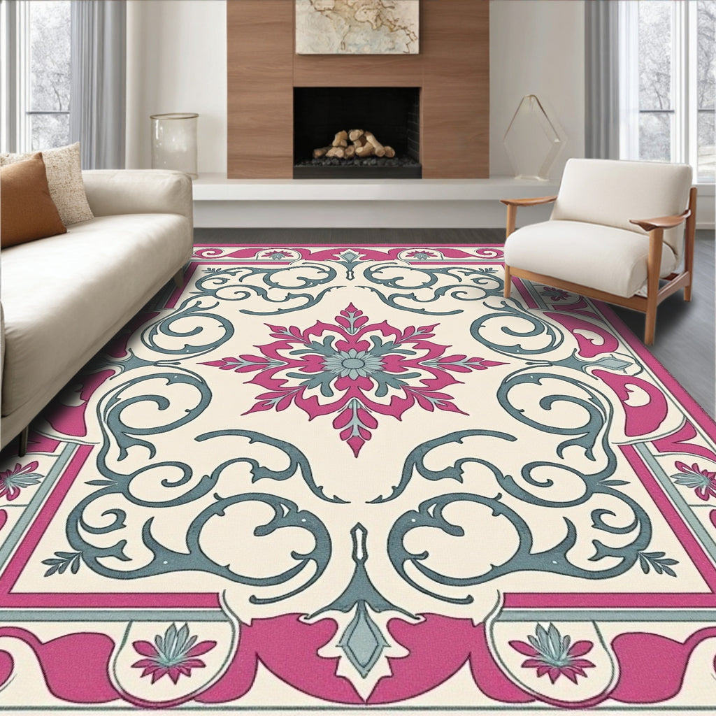 Crimson Teal Floral Scrollwork Medallion Rug