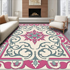 Crimson Teal Floral Scrollwork Medallion Rug