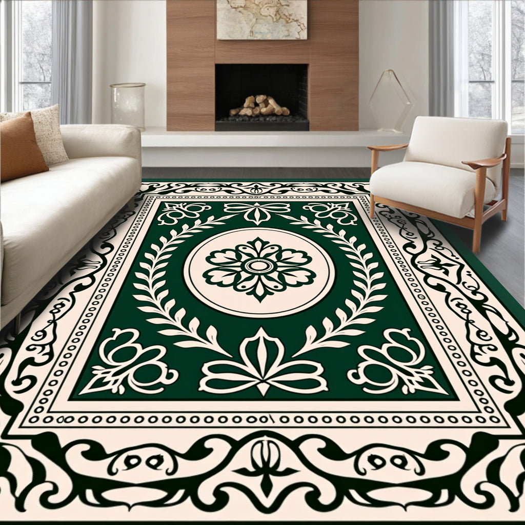 Ornate Emerald Botanical Scroll Rug