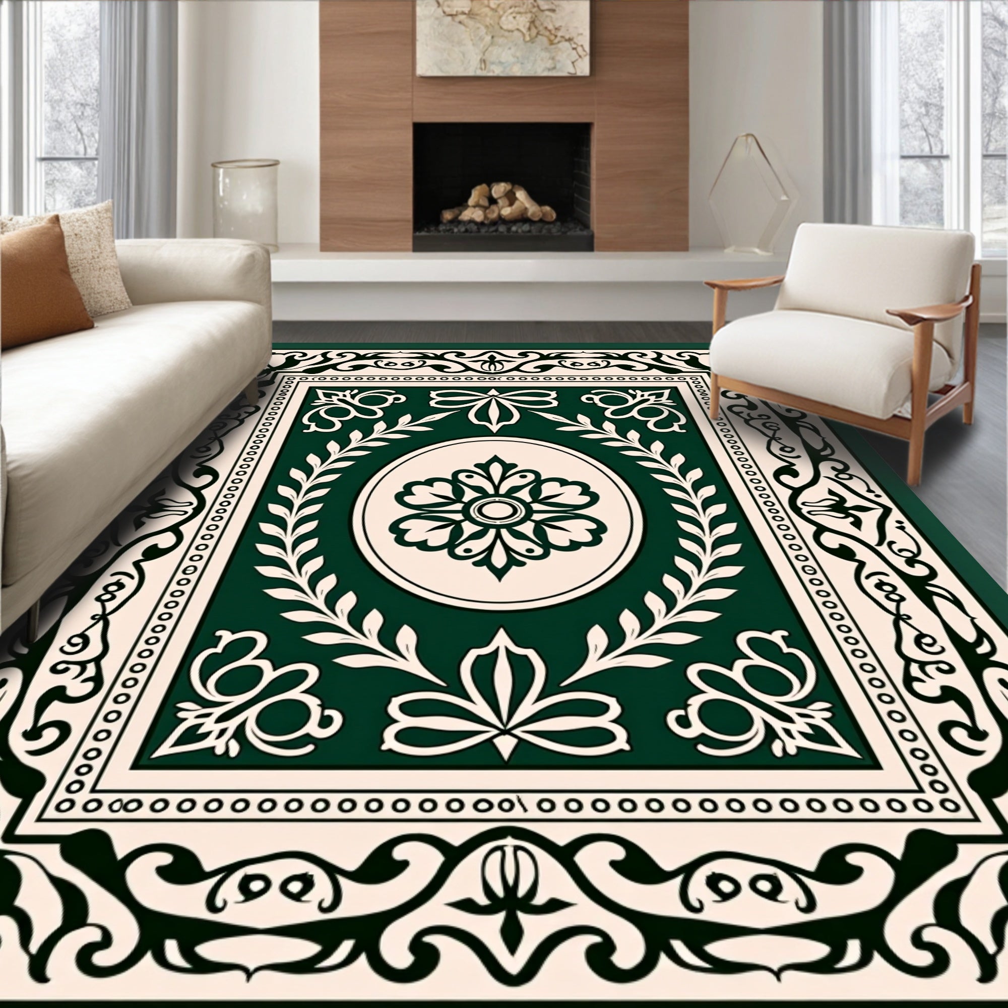 Ornate Emerald Botanical Scroll Rug