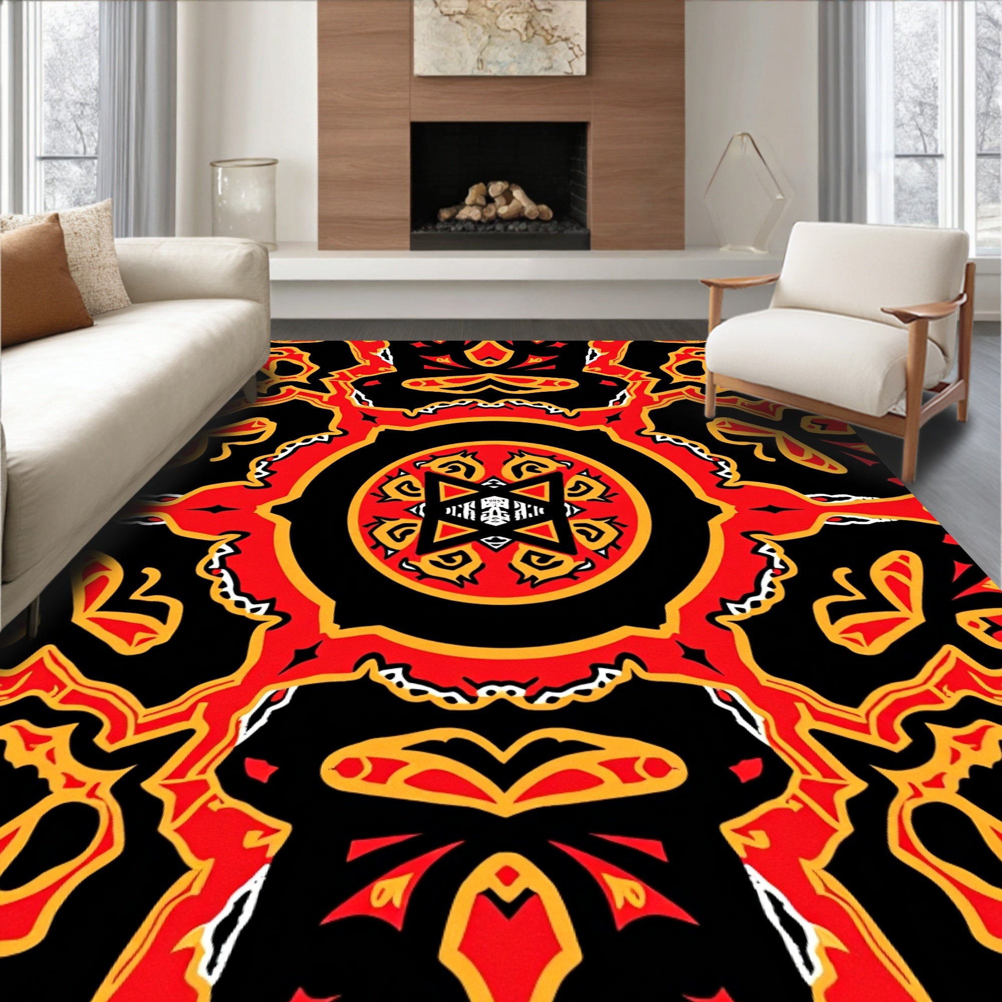 Bold Red and Yellow Ornate Mandala Rug