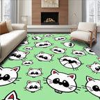 Playful White Cat Heads Light Green Background Rug
