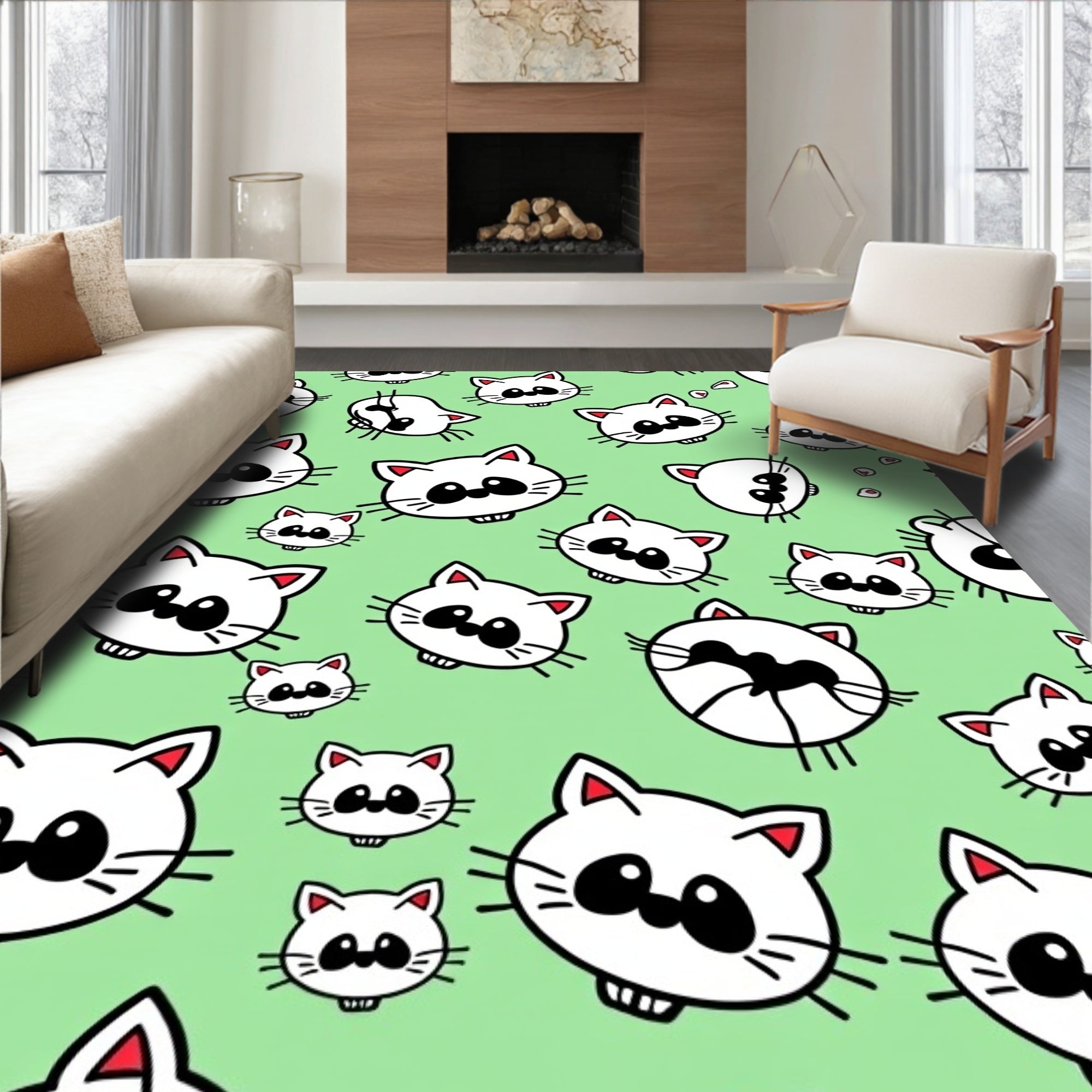 Playful White Cat Heads Light Green Background Rug