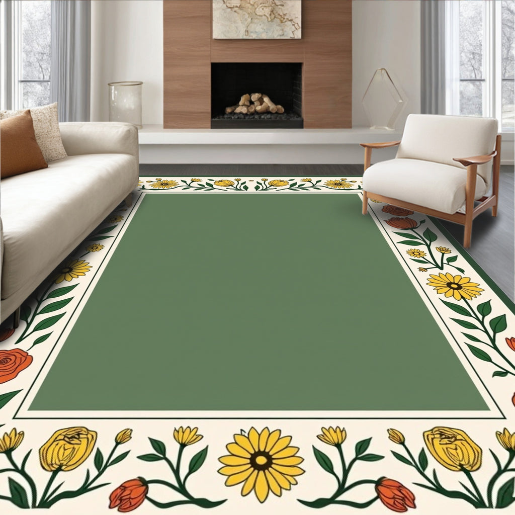 Yellow Orange Floral Vine Border Rug