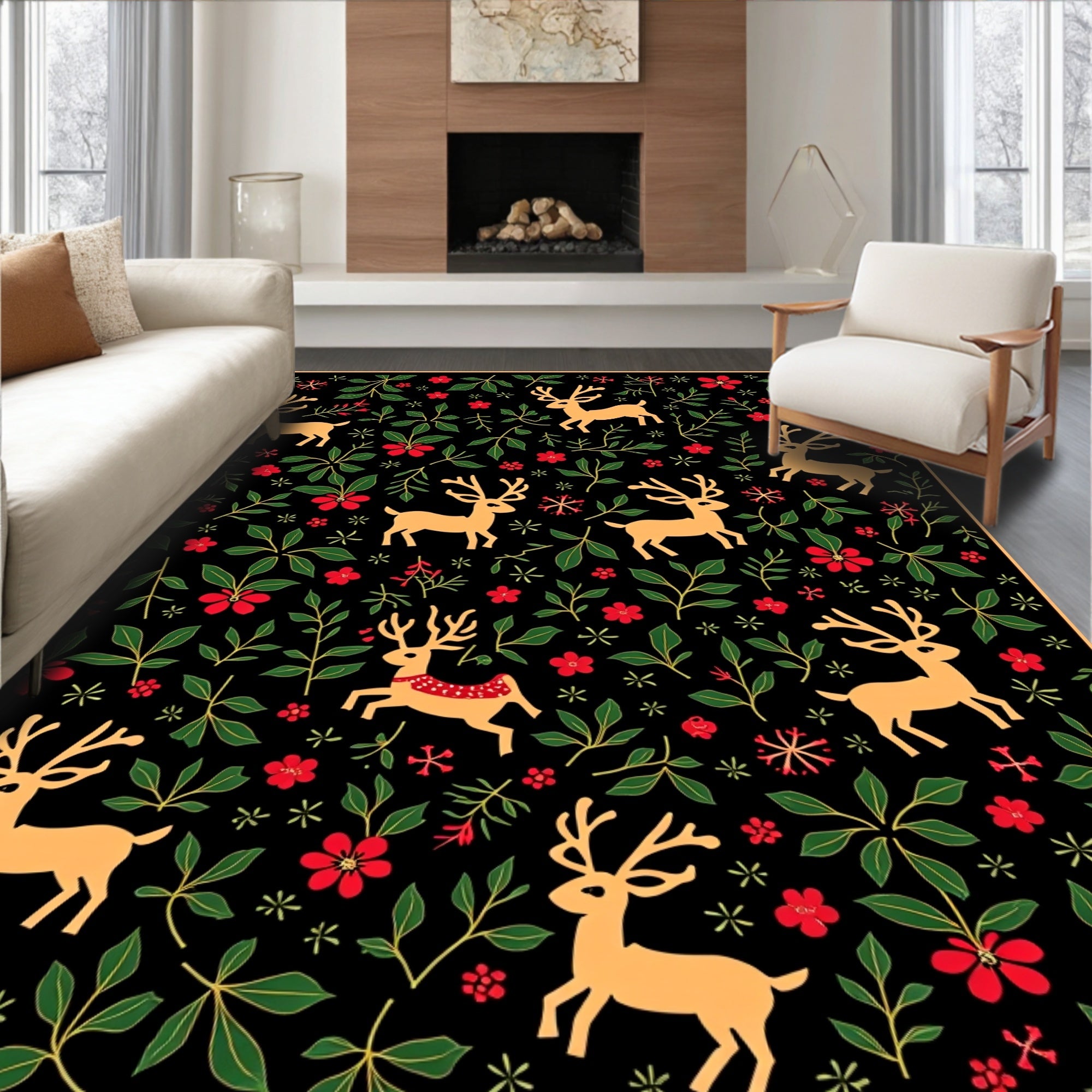 Gold Deer Red Flower Green Foliage Rug