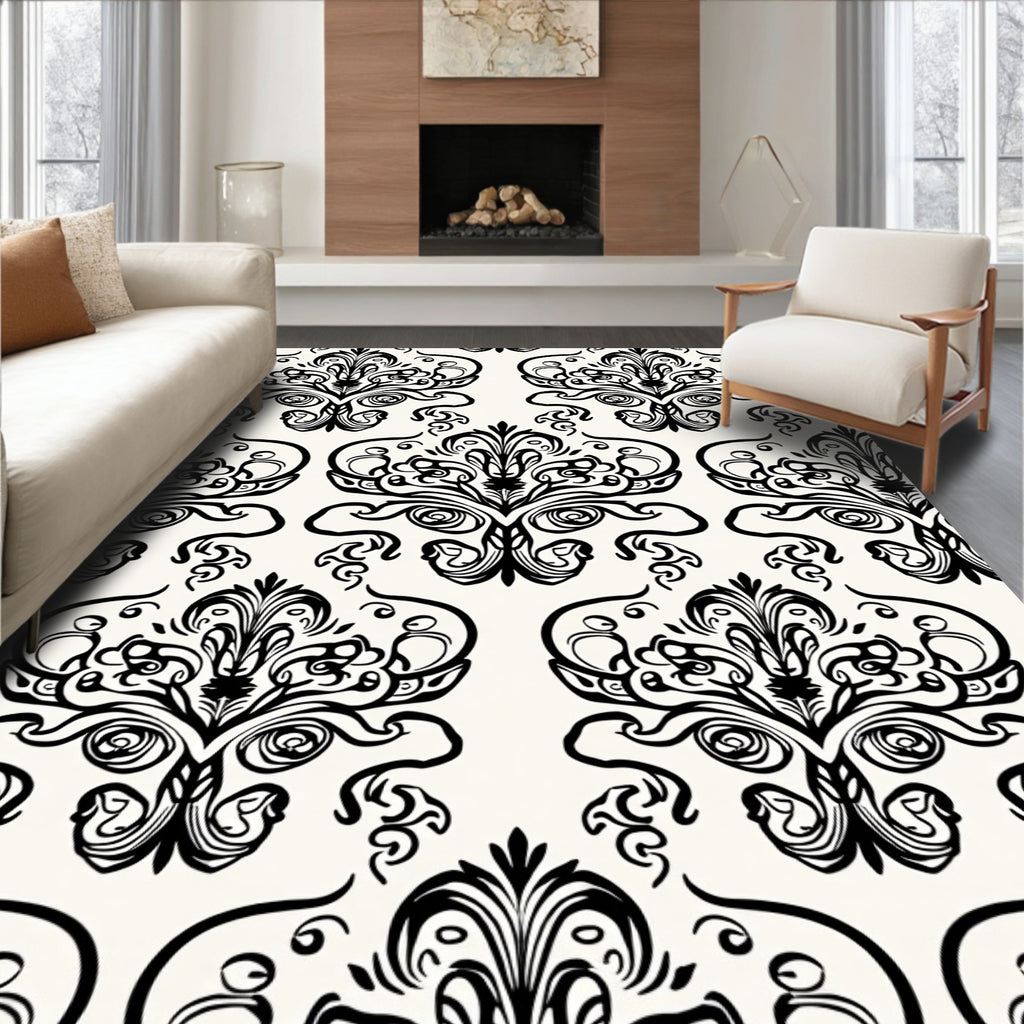 Black White Traditional Flourish Scroll Rug