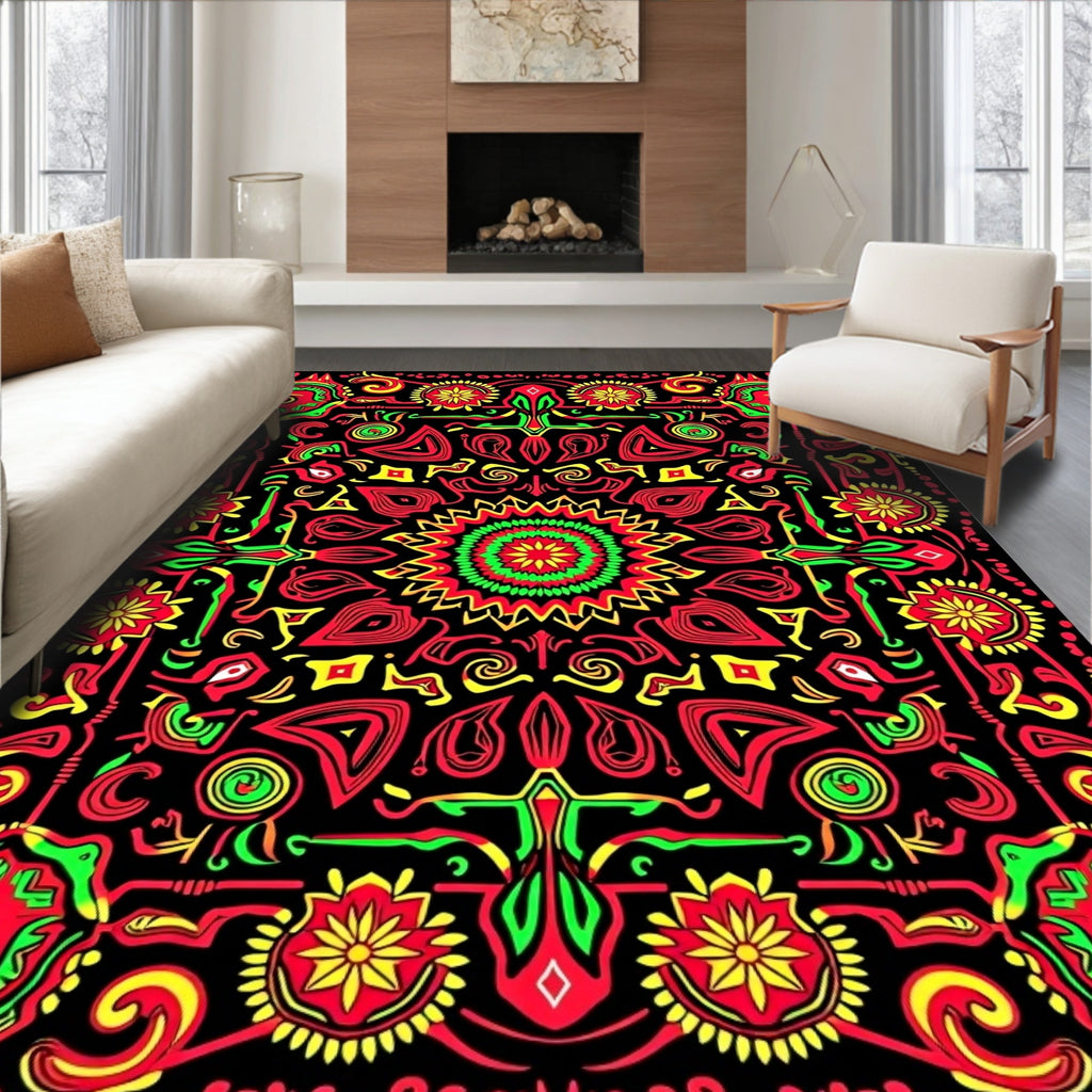 Vibrant tribal sunburst mandala Rug