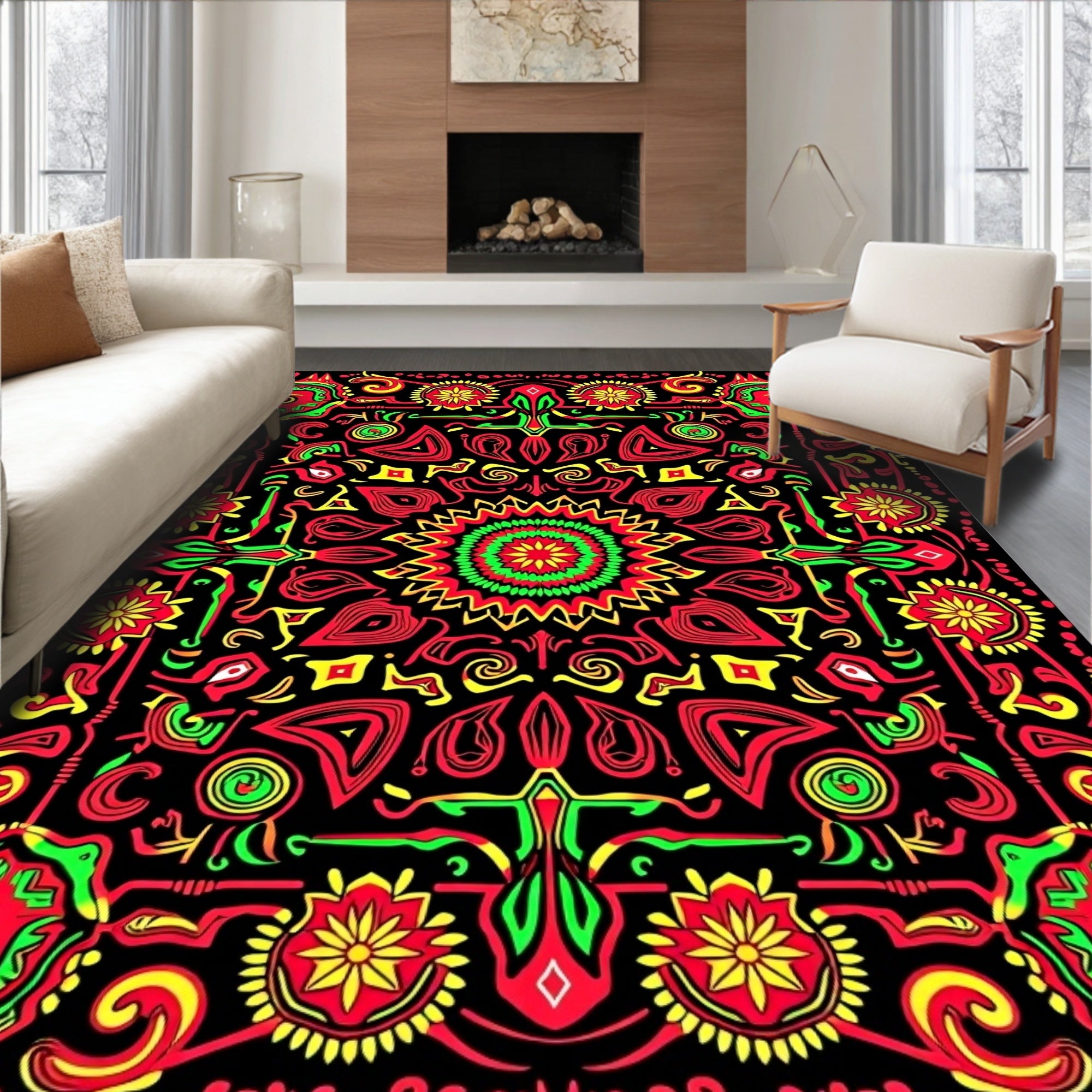 Vibrant tribal sunburst mandala Rug