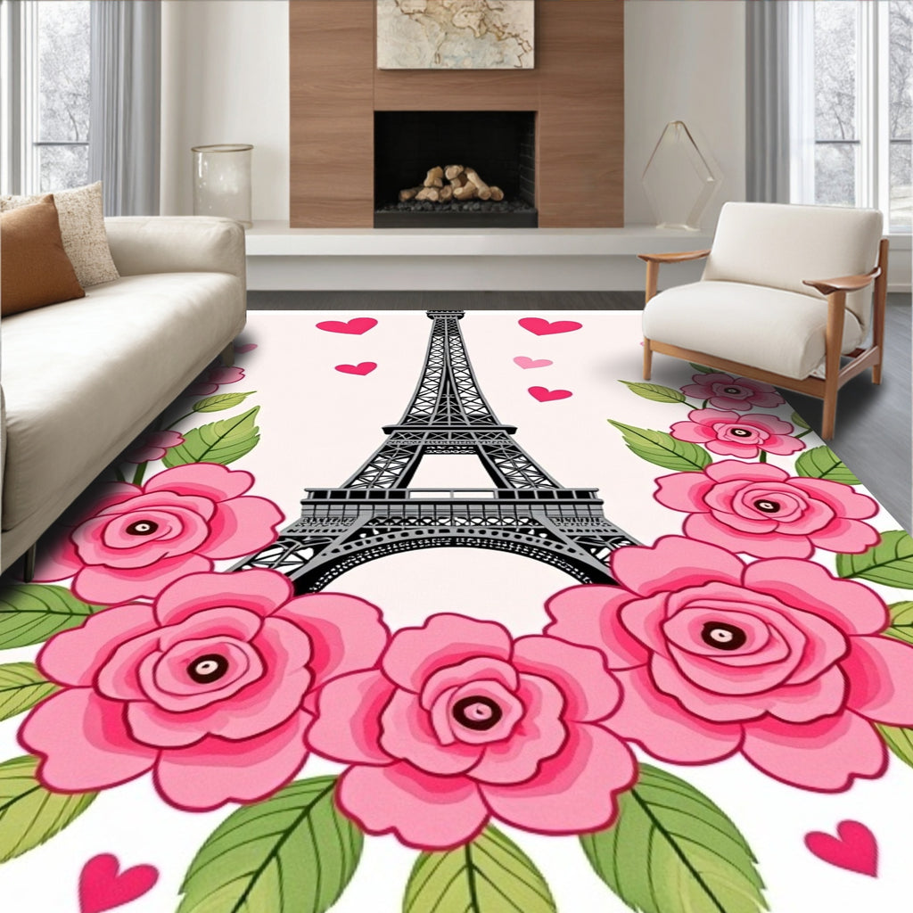 Pink Floral Eiffel Tower Hearts Rug