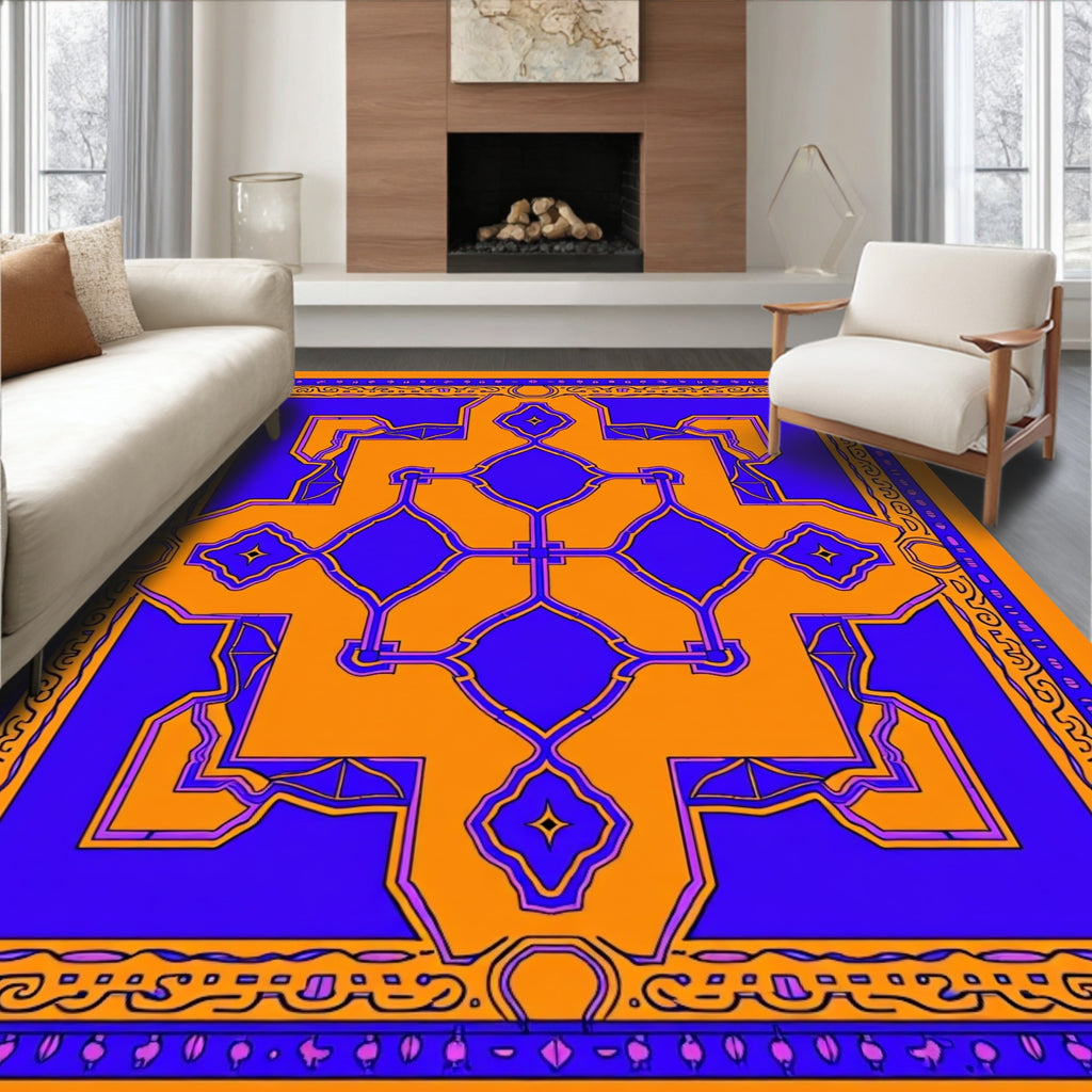 Bold Orange Blue Geometric Medallion Rug