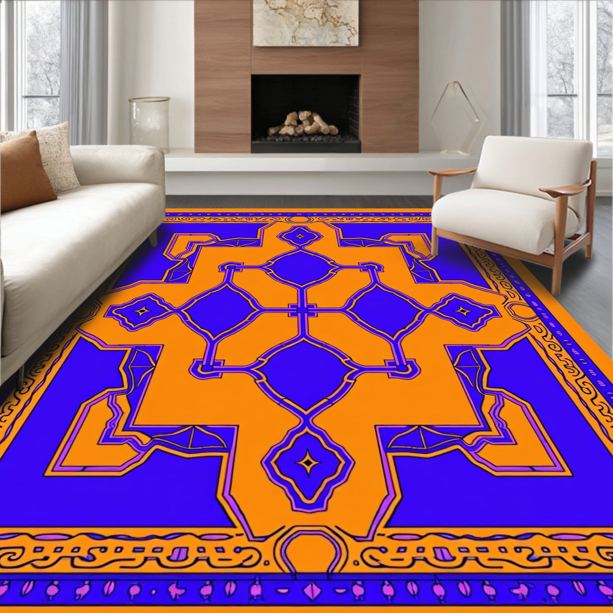 Bold Orange Blue Geometric Medallion Rug