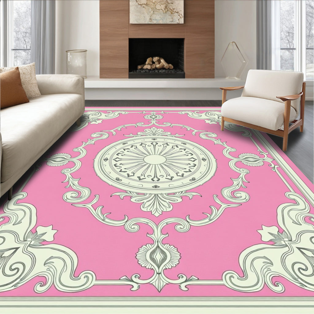 Ornate Pink Cream Medallion Frame Rug