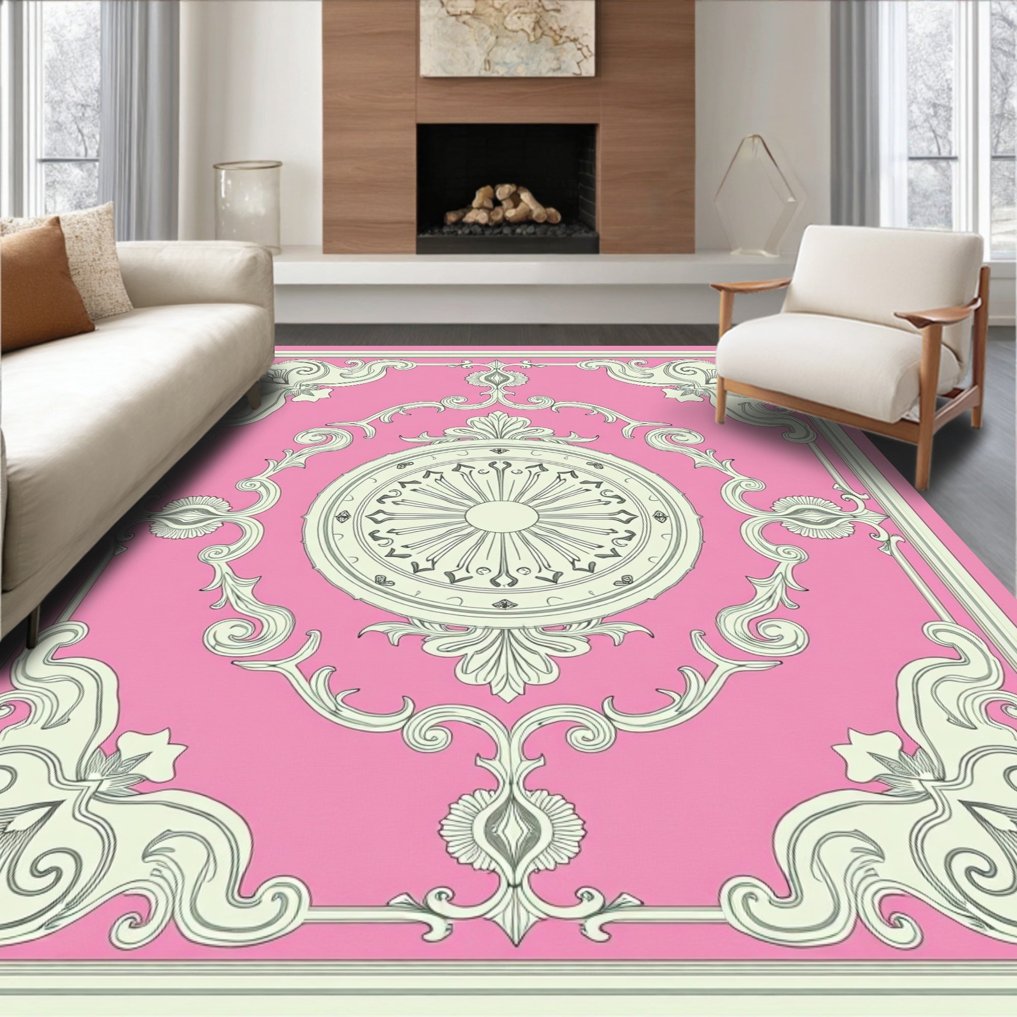 Ornate Pink Cream Medallion Frame Rug