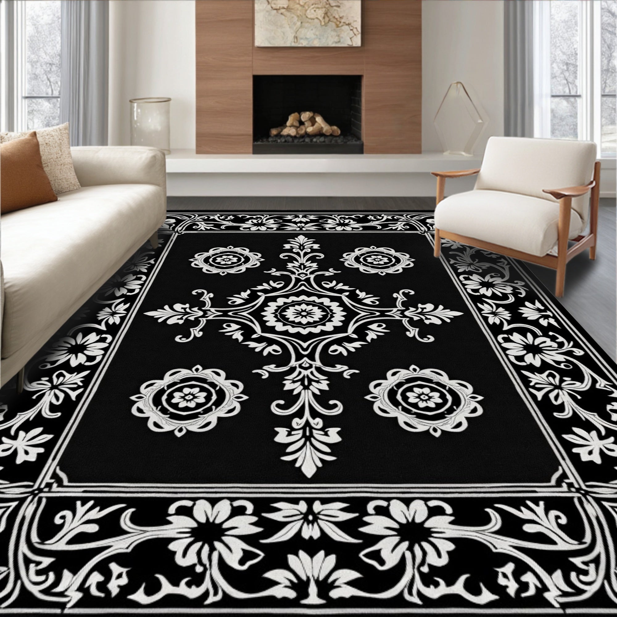 Black White Floral Medallion Frame Rug