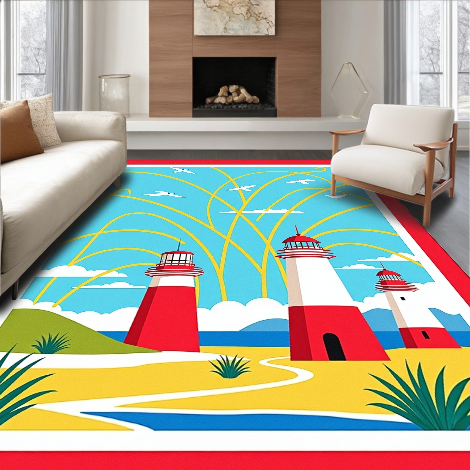 Coastal Lighthouses Flock Sky Arcs Rug