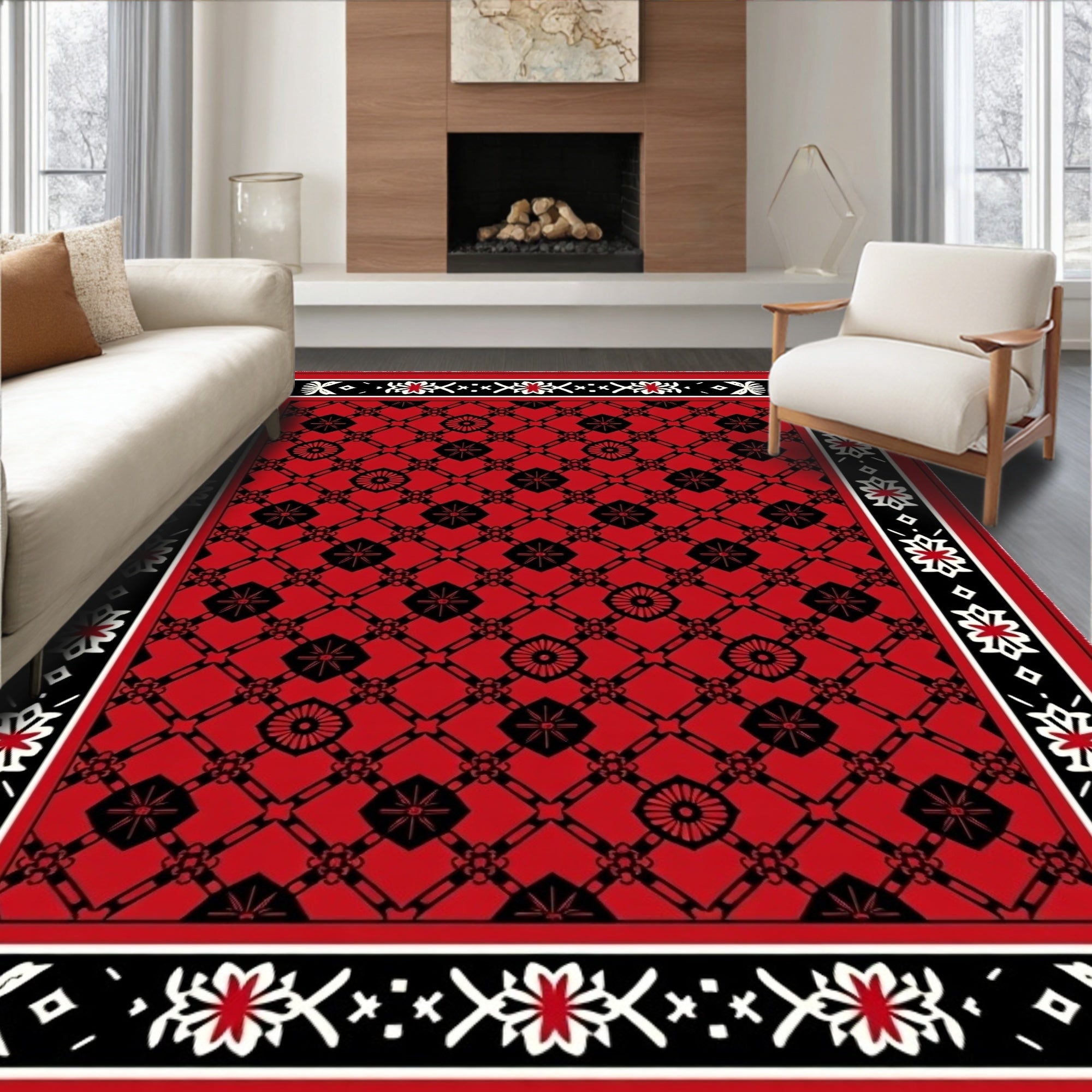 Bold Red Black Floral Medallion Rug