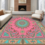 Pink Teal Floral Oval Medallion Rug