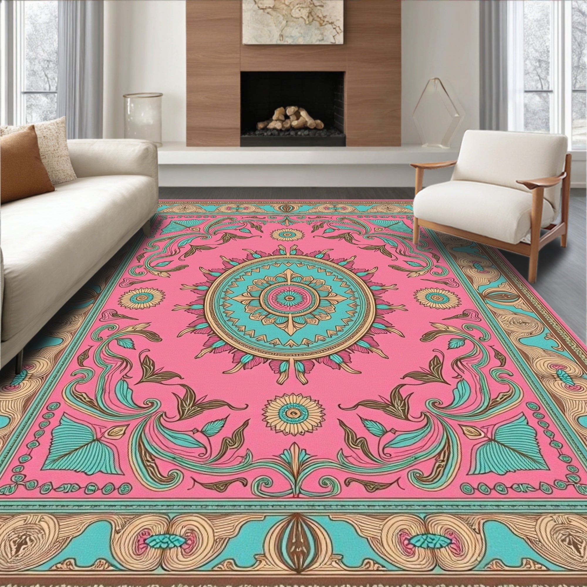 Pink Teal Floral Oval Medallion Rug
