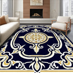Navy Blue Golden Medallion Floral Rug