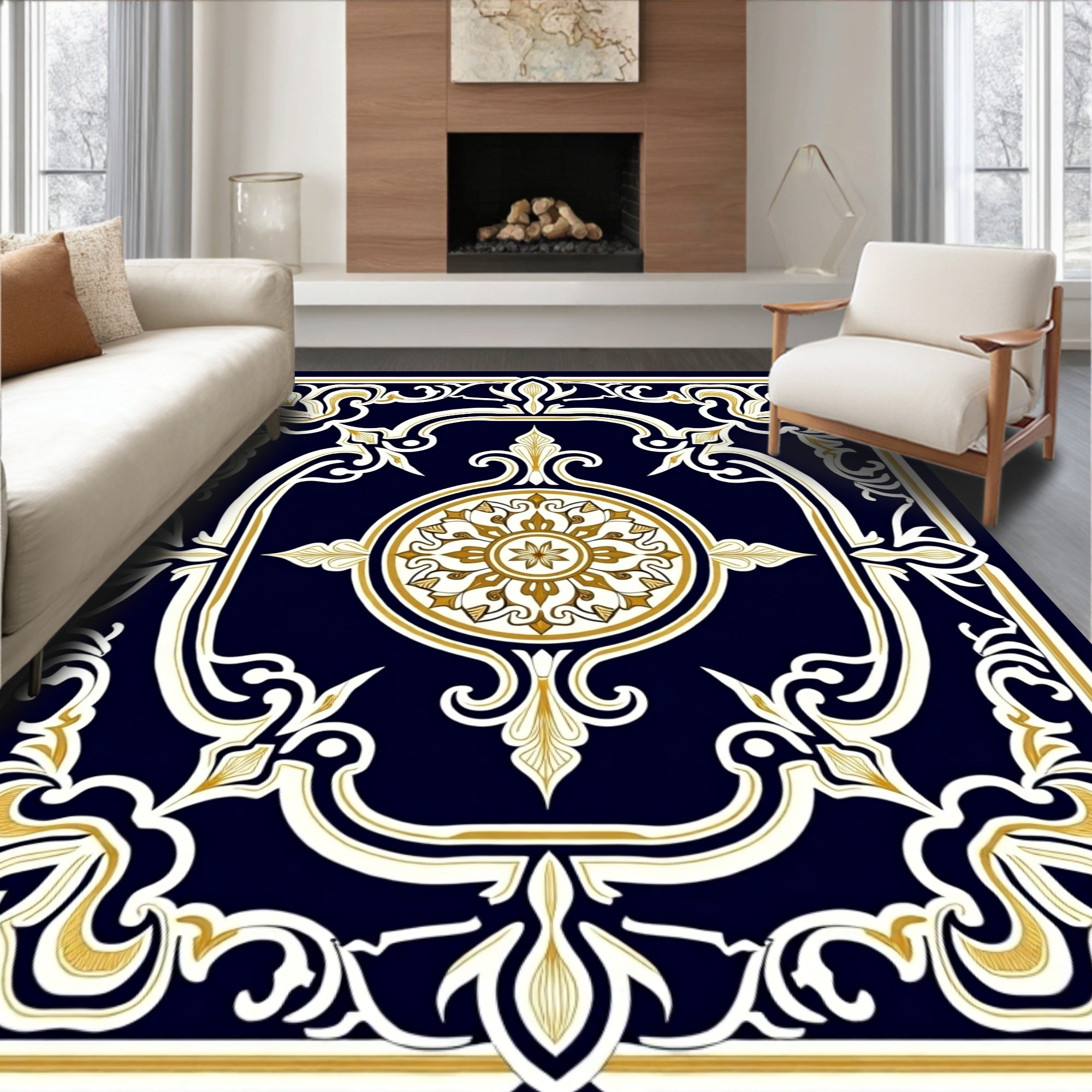 Navy Blue Golden Medallion Floral Rug