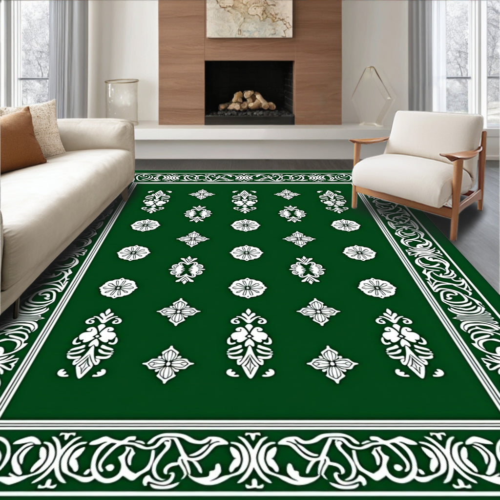 Classic Green White Floral Medallion Rug