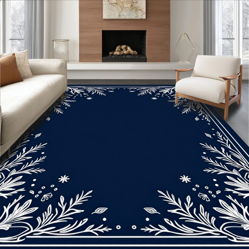 Navy Blue White Botanical Border Rug