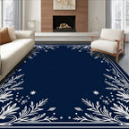 Navy Blue White Botanical Border Rug