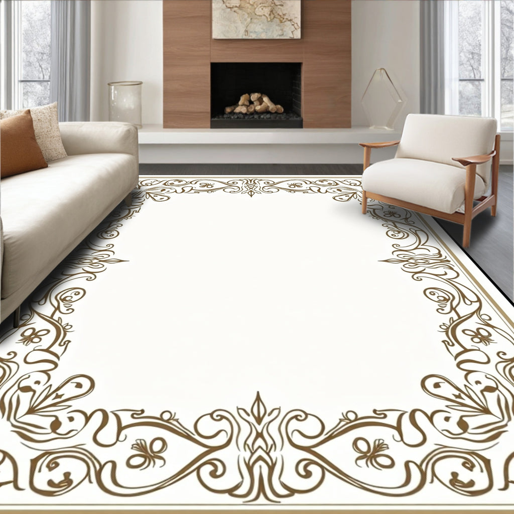 Elegant Brown Scrollwork Floral Frame Rug