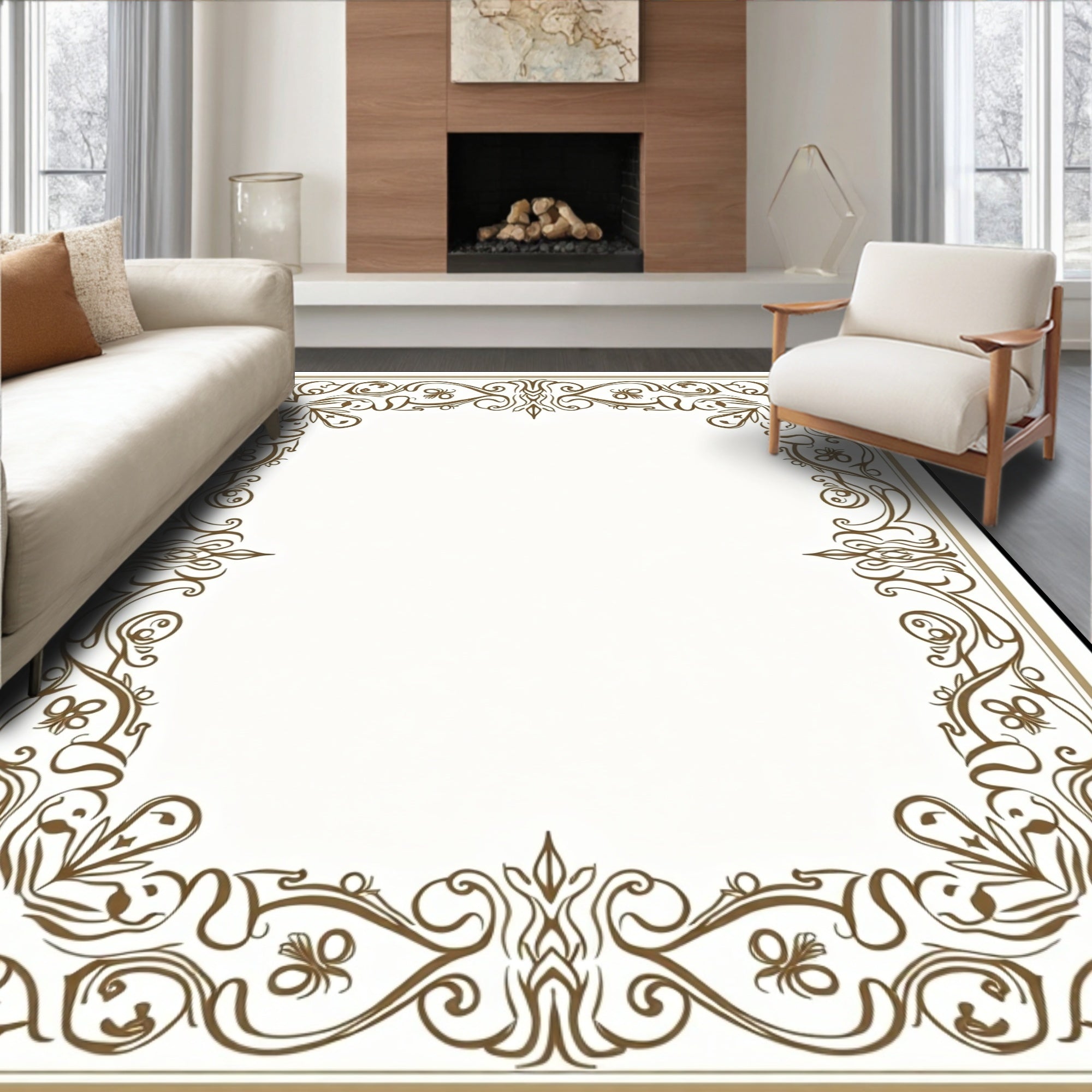 Elegant Brown Scrollwork Floral Frame Rug