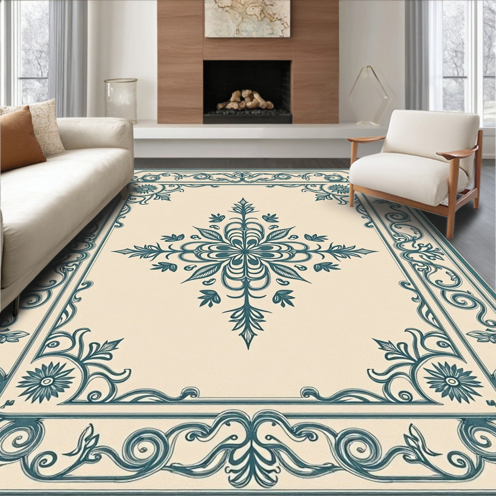 Elegant Teal Floral Scroll Frame Rug