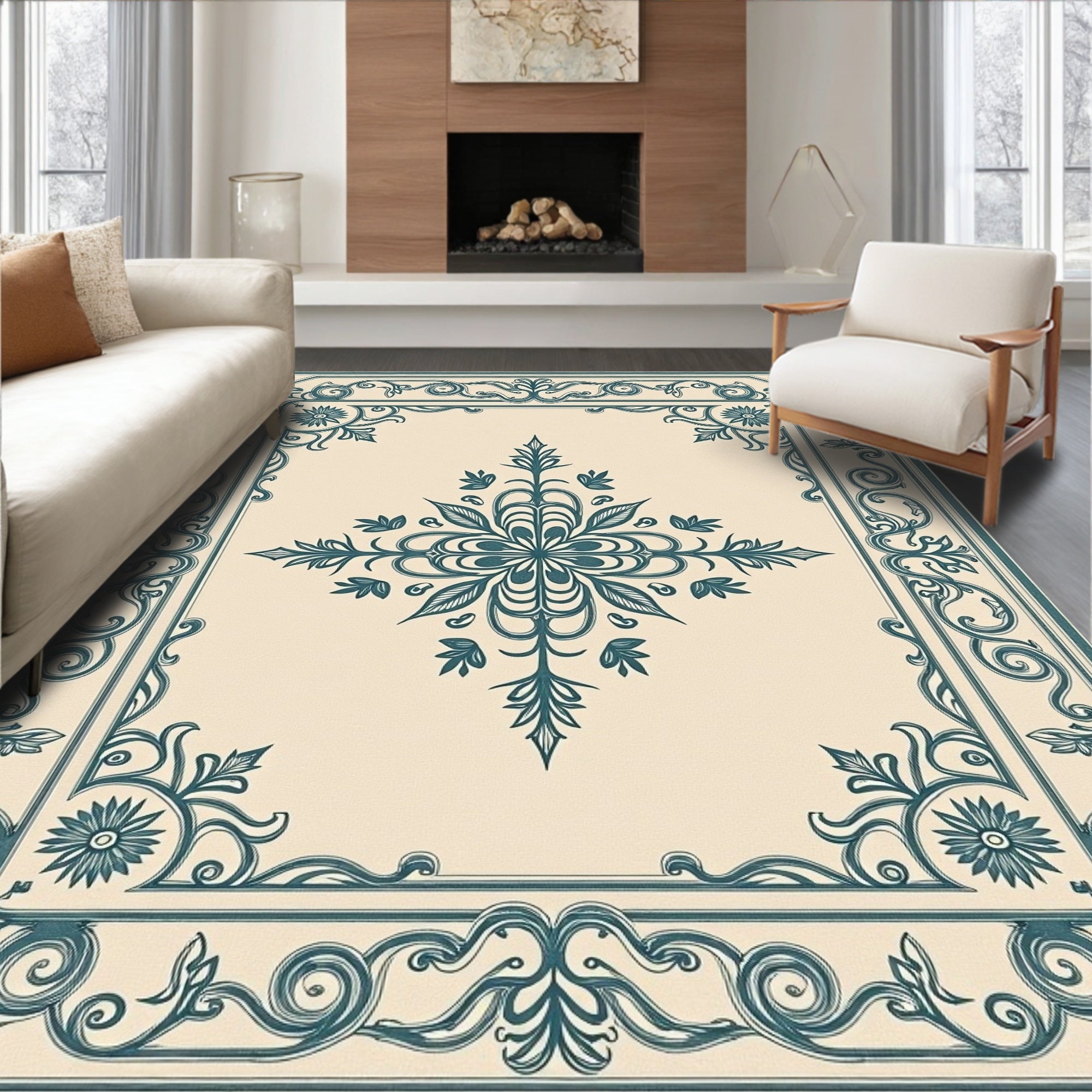 Elegant Teal Floral Scroll Frame Rug