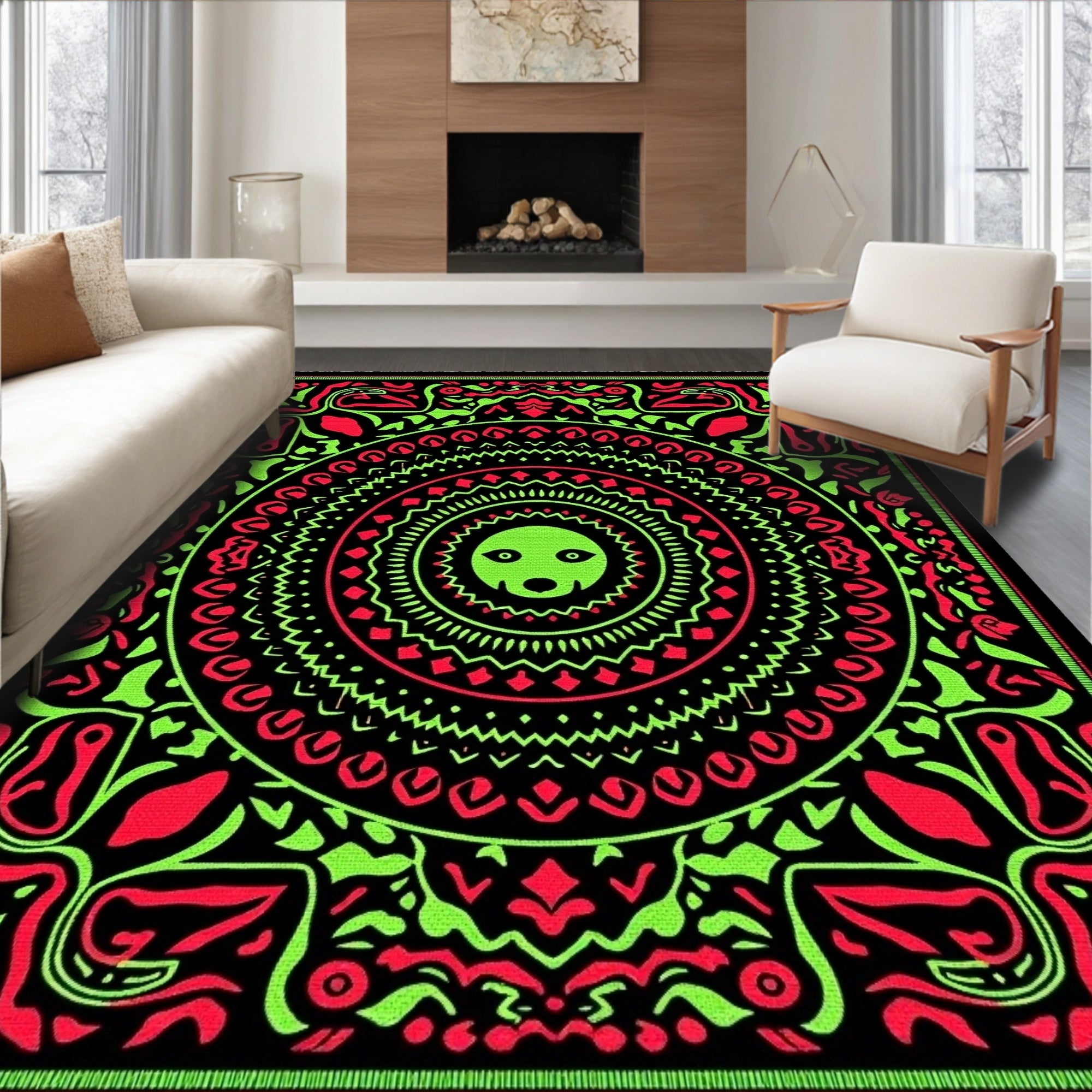 Radical Neon Green Red Mandala Rug
