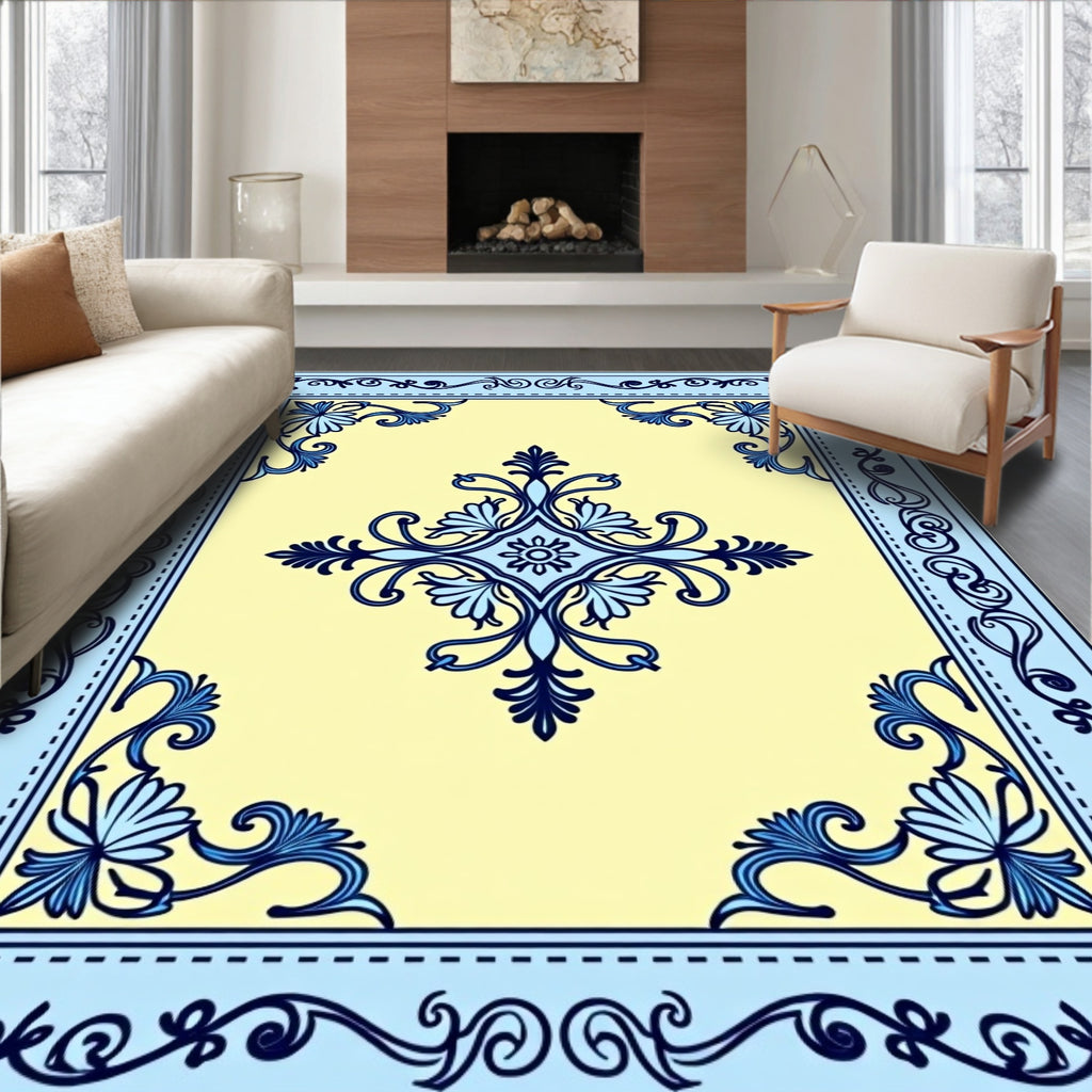 Light Yellow Blue Floral Border Rug