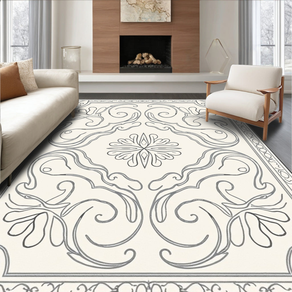 Elegant Gray Floral Scroll Medallion Rug