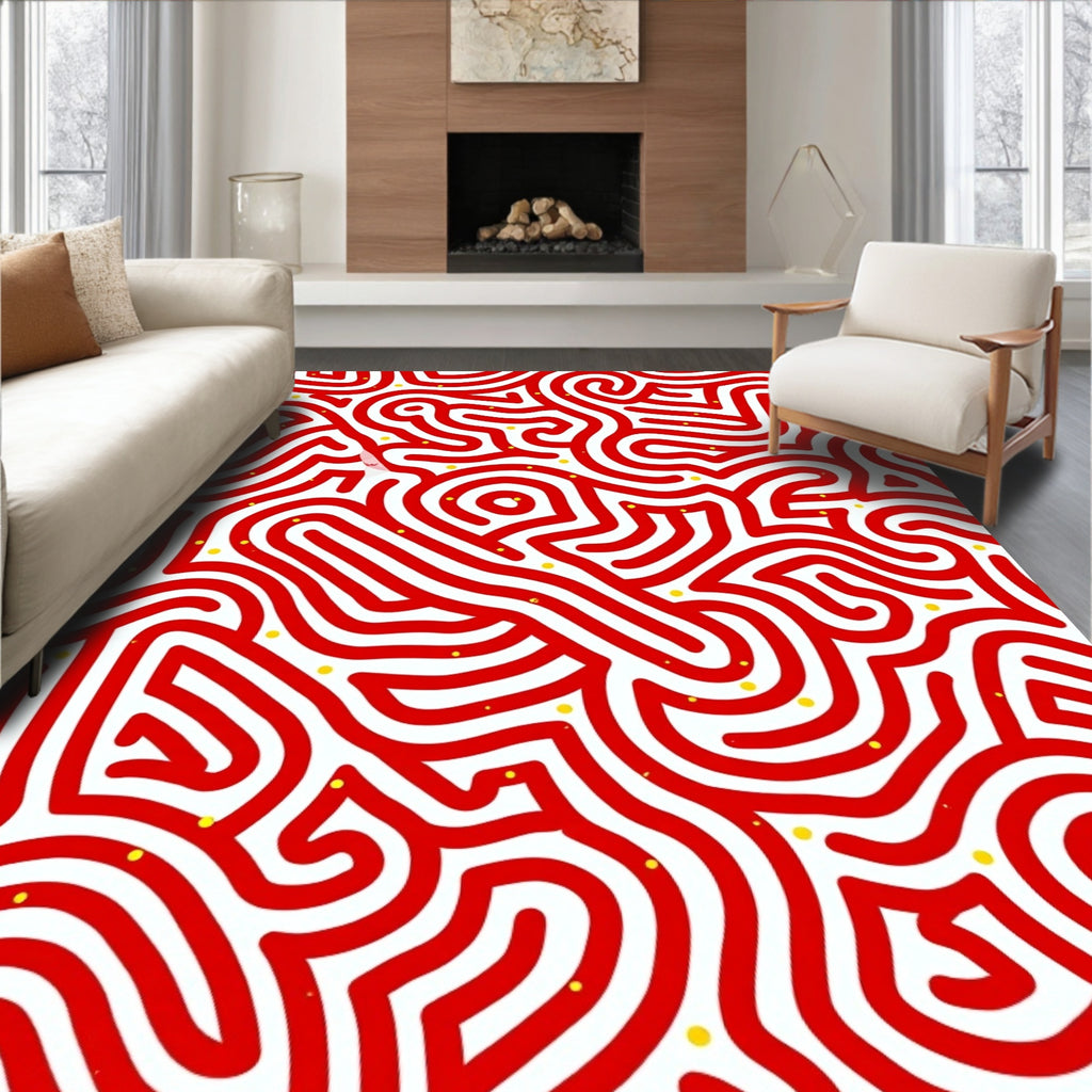 Red White Maze With Yellow Dots Rug