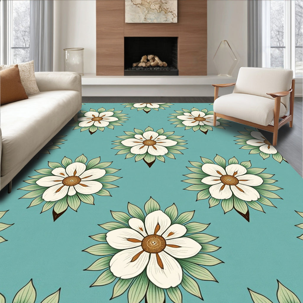 Aqua White Flower Leaf Medallion Rug