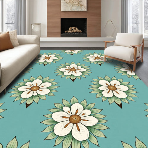 Aqua White Flower Leaf Medallion Rug