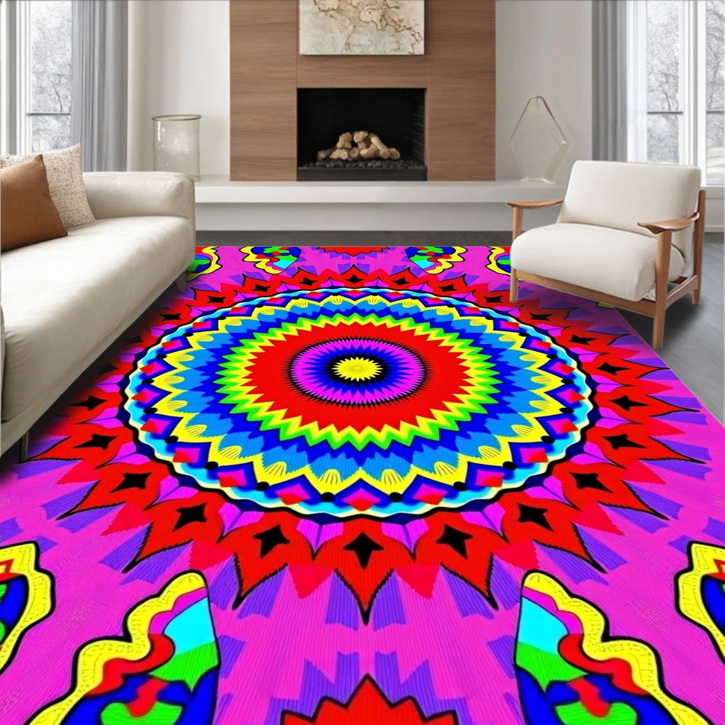 Vibrant Rainbow Psychedelic Sunburst Rug
